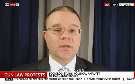 Sociologist Dr. DaShanne Stokes providing expert analysis on gun law protests during a live interview with Sky News.