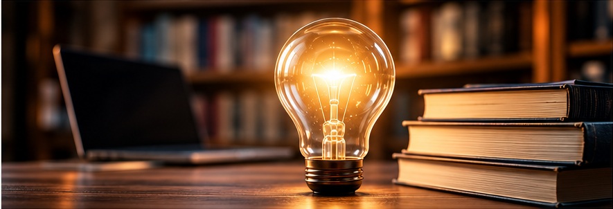 Books and a glowing lightbulb representing teaching, learning, and ideas