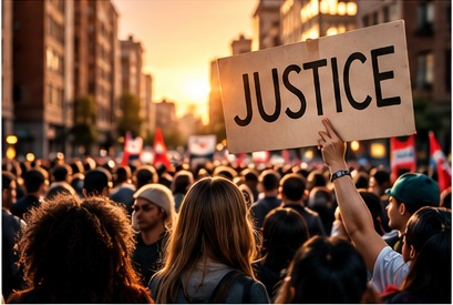 Crowd holding a justice sign