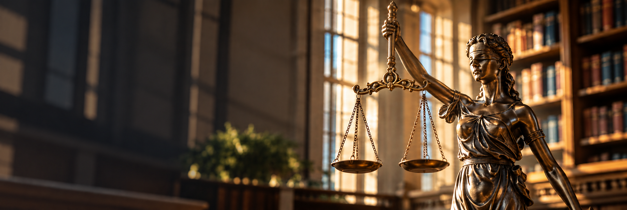 Lady Justice in a historic library, representing research on power, inequality, recognition, and institutions