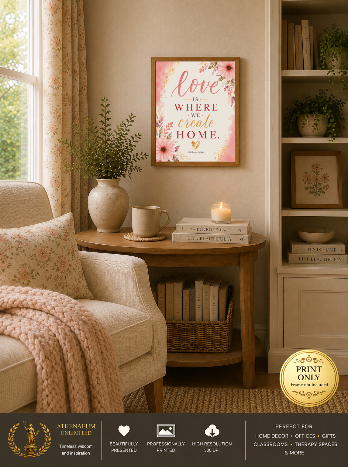 Botanical Grace Love Is Where We Create Home 11x14 print displayed in a reading nook
