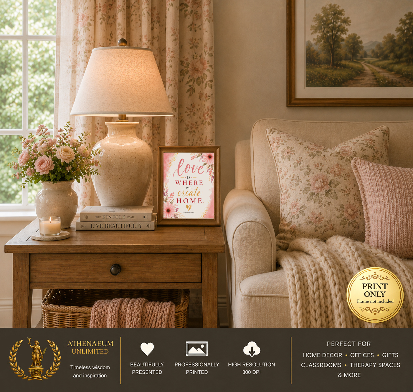 Botanical Grace Love Is Where We Create Home 8x10 print displayed in a living room