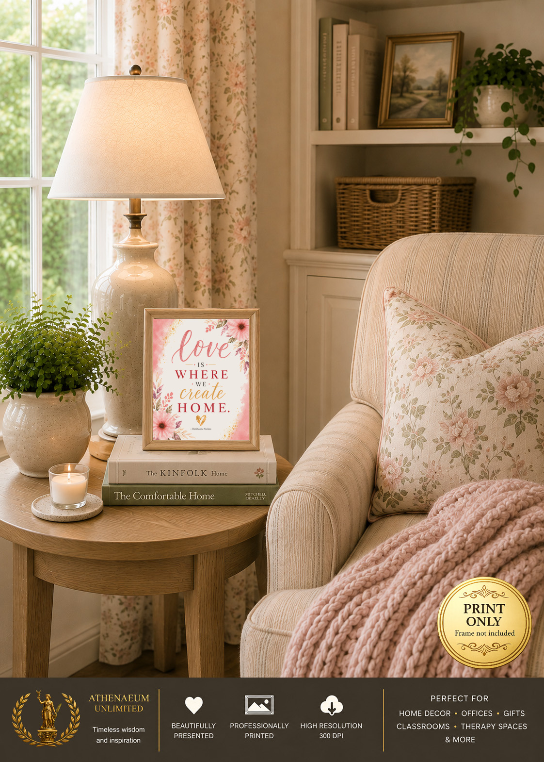 Botanical Grace Love Is Where We Create Home 8x10 print displayed in a reading nook