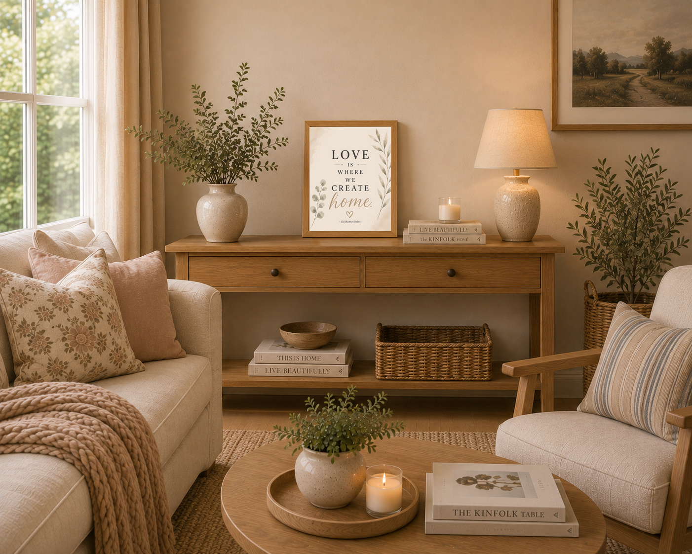 Modern Serenity Love Is Where We Create Home 11x14 print displayed in a living room