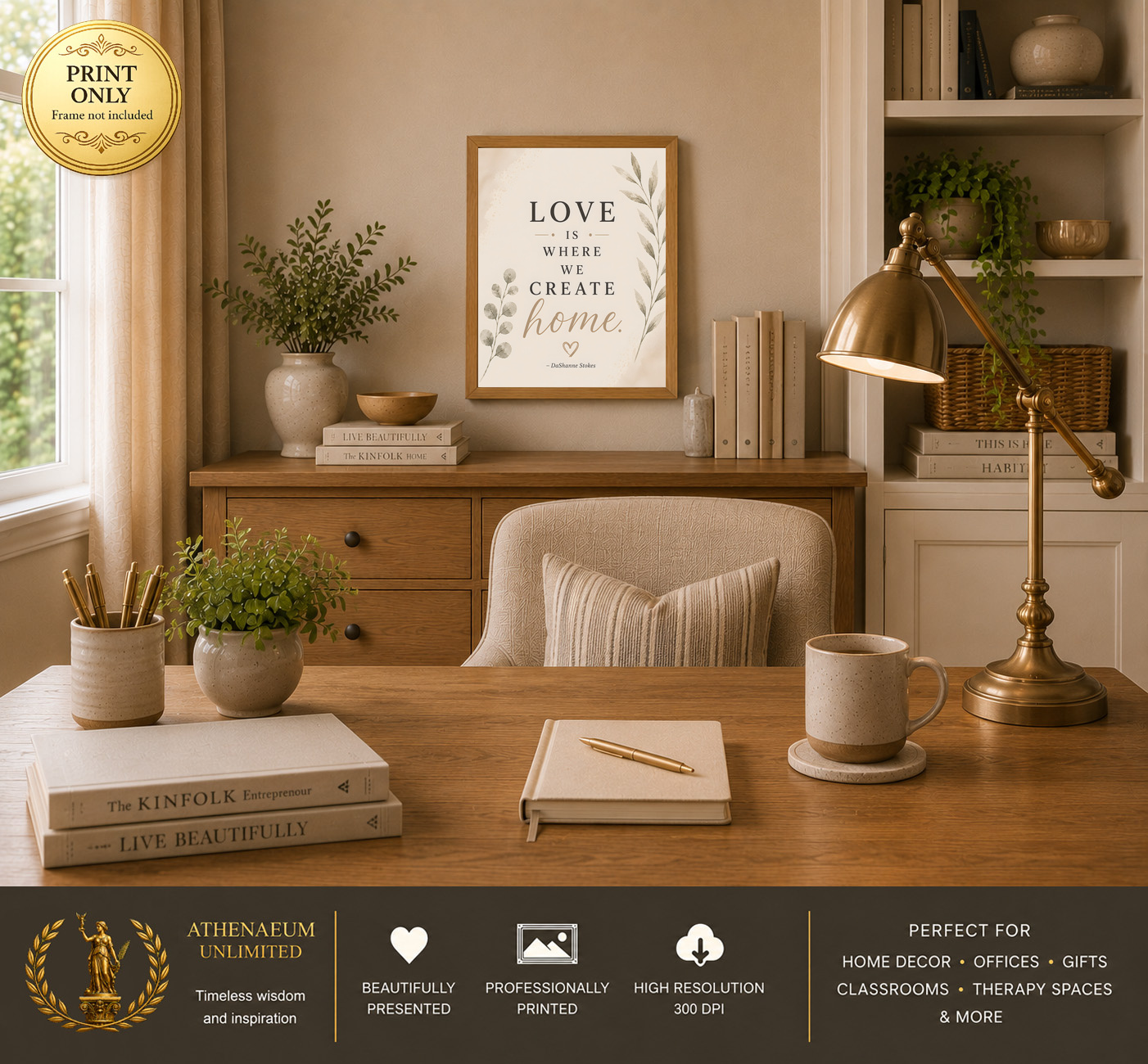 Modern Serenity Love Is Where We Create Home 11x14 print displayed in a home office