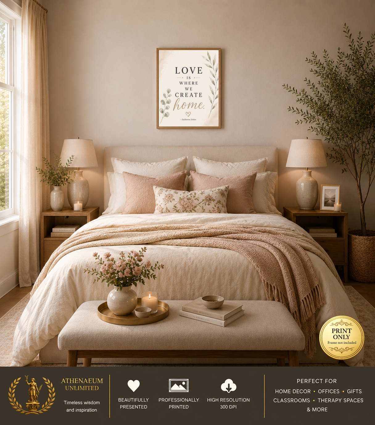 Modern Serenity Love Is Where We Create Home 16x20 print displayed in a bedroom