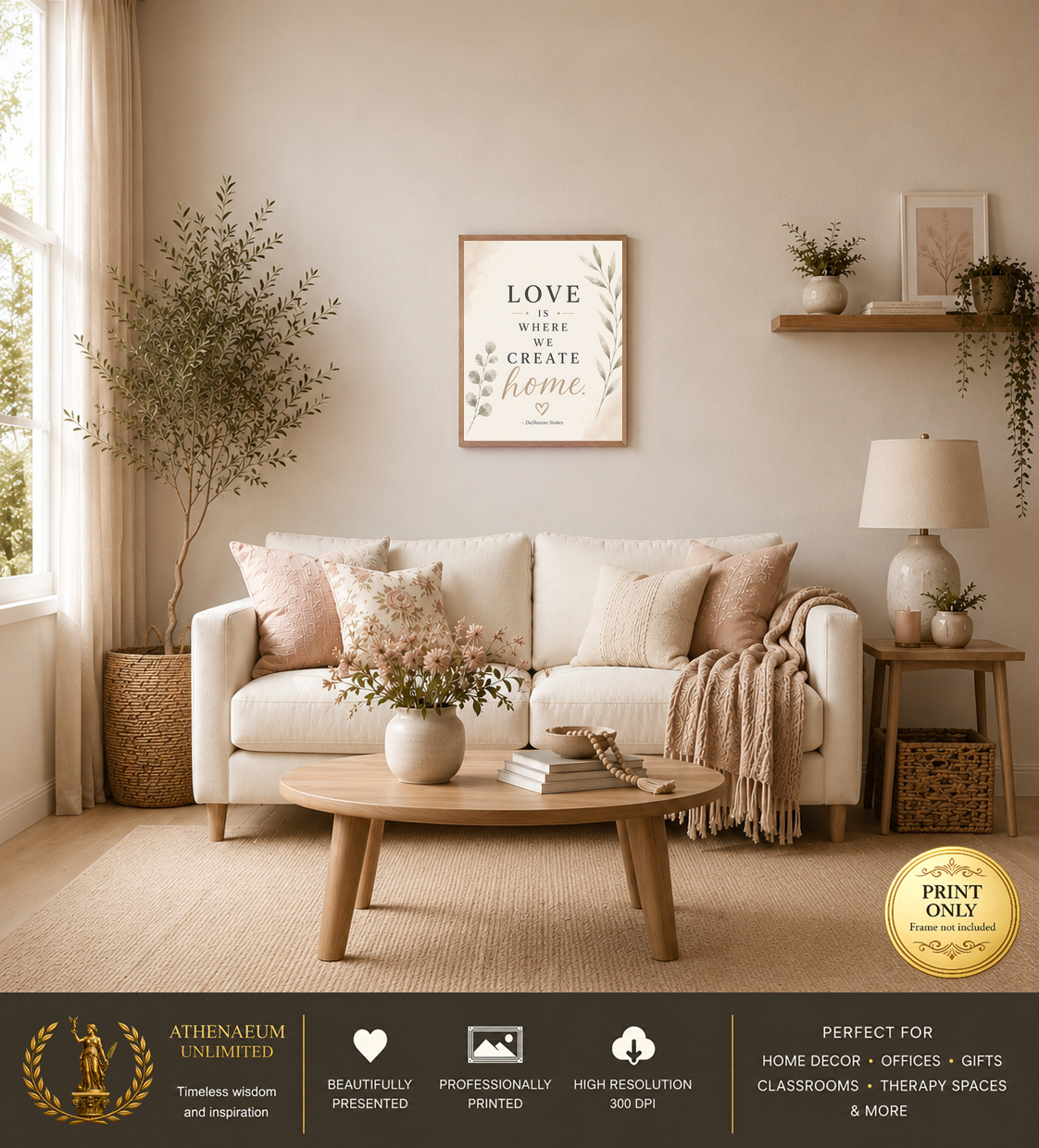 Modern Serenity Love Is Where We Create Home 16x20 print displayed in a living room