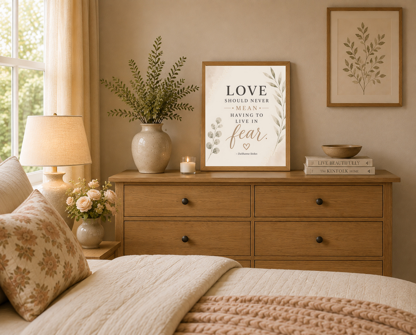 Modern Serenity Love Should Never Mean Having to Live in Fear 11x14 print displayed in a bedroom