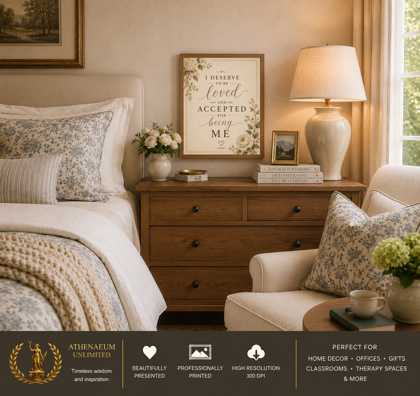 Quiet Elegance I Deserve to Be Loved 11x14 print displayed in a bedroom