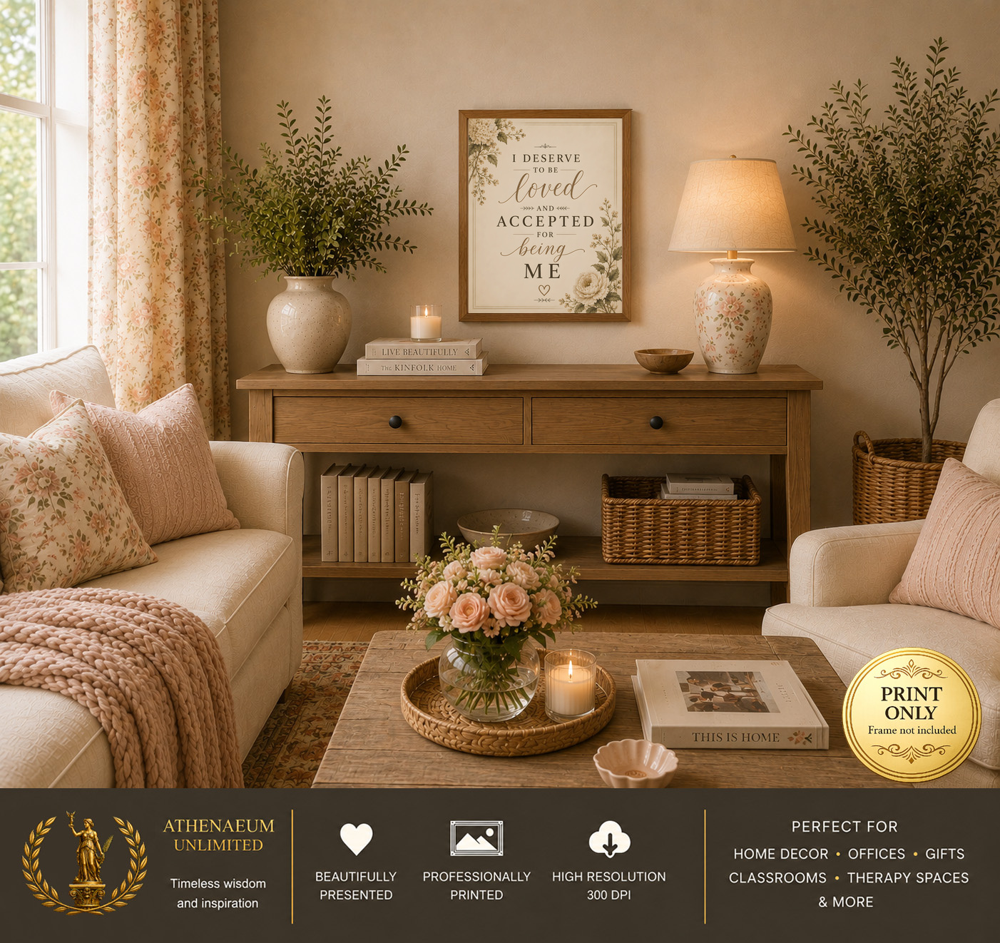 Quiet Elegance I Deserve to Be Loved 11x14 print displayed in a living room