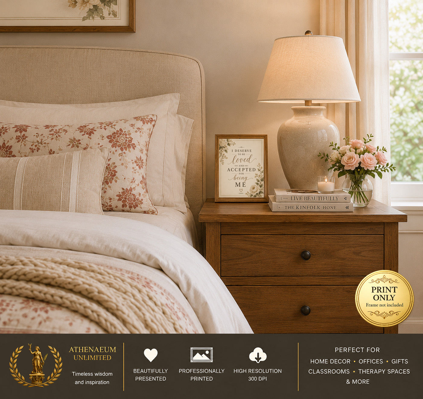 Quiet Elegance I Deserve to Be Loved 8x10 print displayed in a bedroom