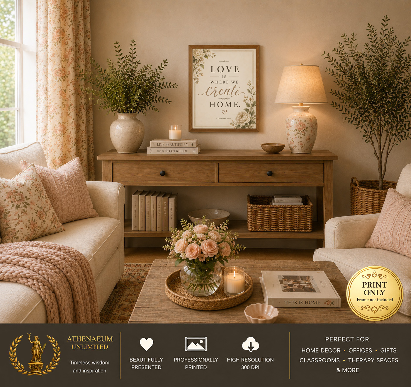 Quiet Elegance Love Is Where We Create Home 11x14 print displayed in a living room