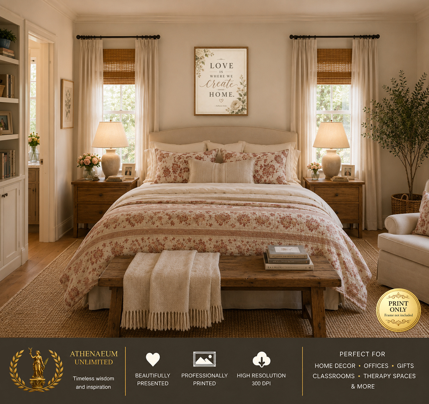 Quiet Elegance Love Is Where We Create Home 16x20 print displayed in a bedroom