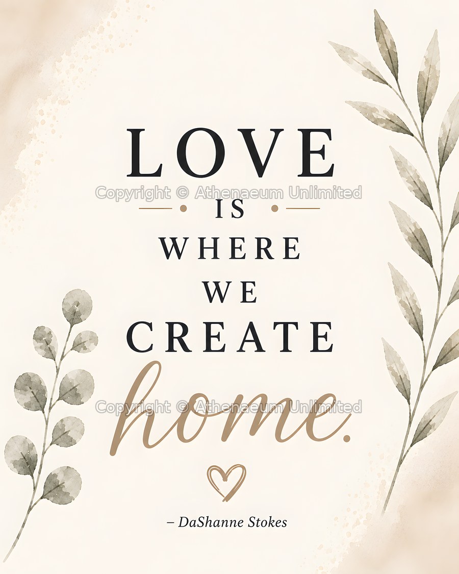 Modern Serenity digital quote print: Love is where we create home.